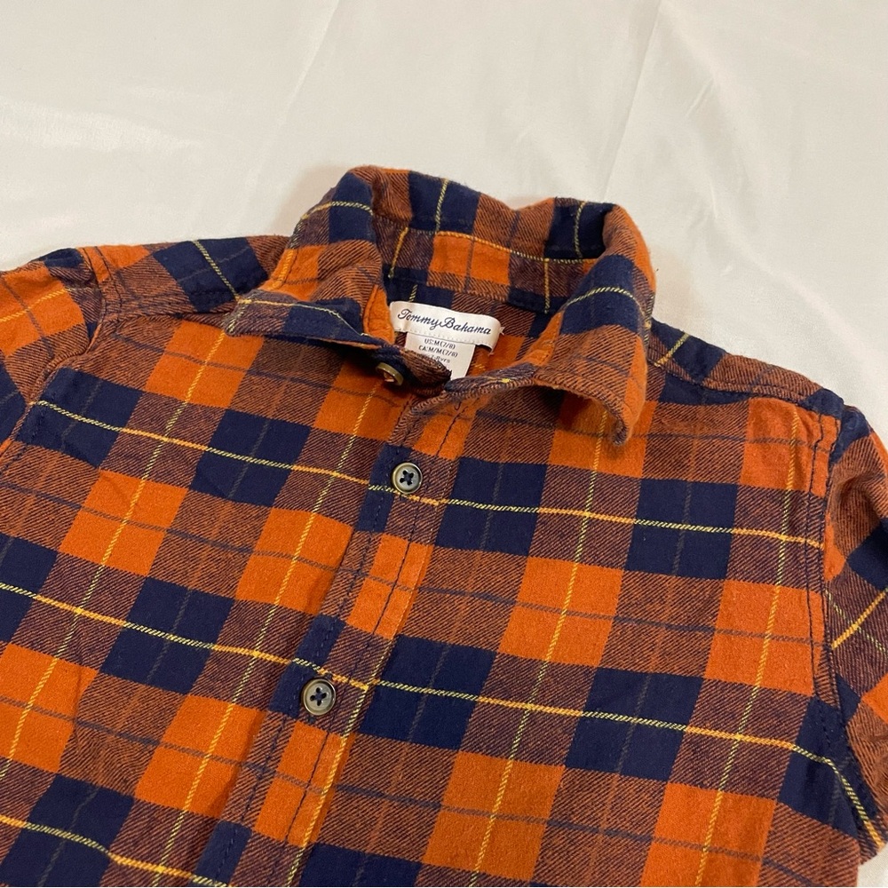 Tommy Bahama Boys Orange Navy Blue Plaid Flannel Button Down Shirt Size M 7/8